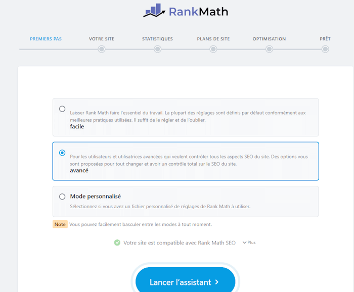 l'assistant de rank math wordpress pour vous aider à installer le plugin.