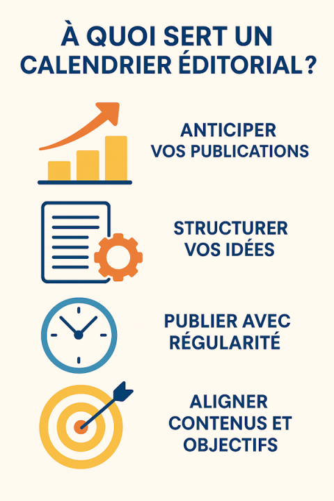 Infographie expliquant à quoi sert un calendrier éditorial : anticiper, structurer, publier régulièrement, aligner contenu et objectifs