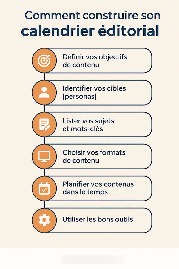 Infographie en 6 étapes pour construire un calendrier éditorial : définir ses objectifs, identifier ses cibles, lister ses sujets et mots-clés, choisir ses formats de contenu, planifier dans le temps, et utiliser les bons outils.